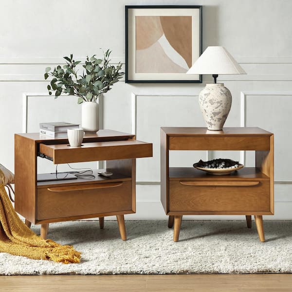 Galena Acorn Mid-Century Modern 2-Drawer Nightstand with Built-in Outlets (Set of 2)