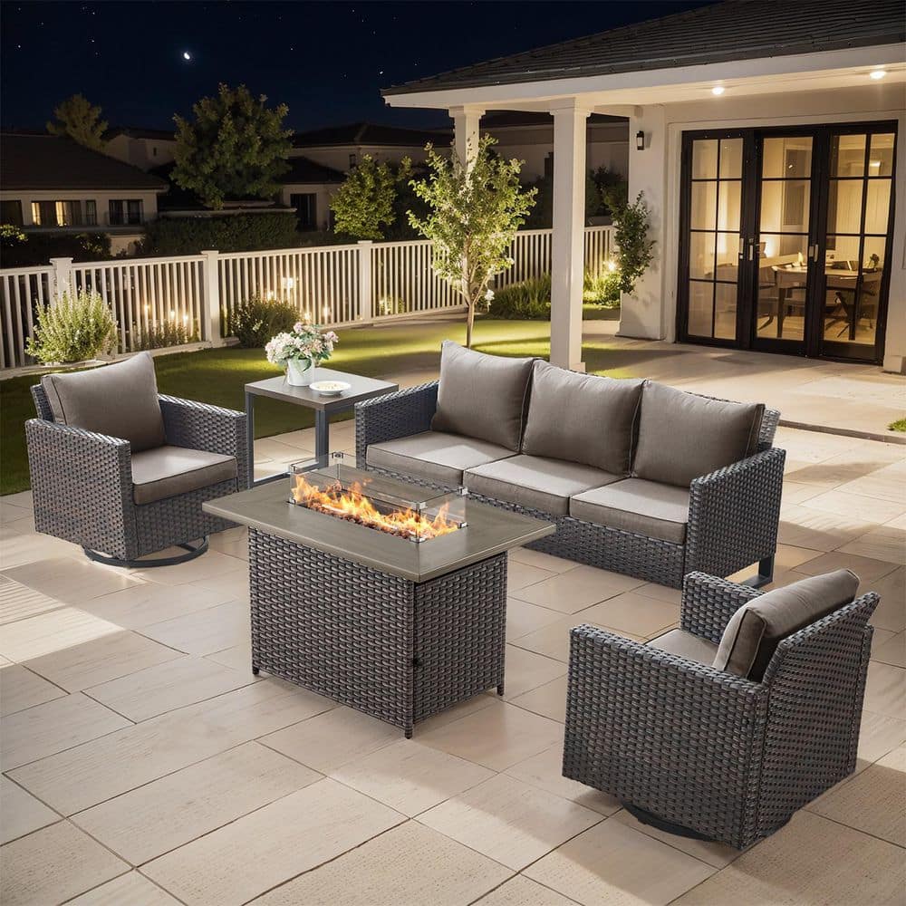 U-Frame 5-Piece Brown Wicker Fire Pit Conversation Set with Olefin Gray Cushions and Swivel Glider Chairs/Couch price history on PriceWatchPro