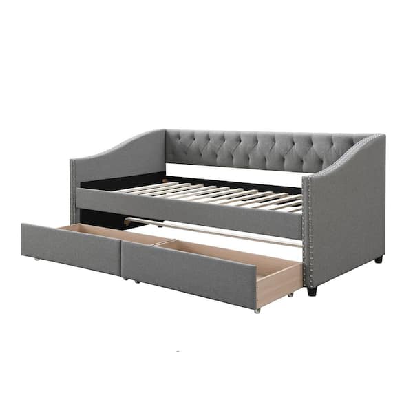 Boyel Living Gray Twin Size Upholstered Daybed With 2 Drawers Wood Slat Support Ly Lp000010aae The Home Depot