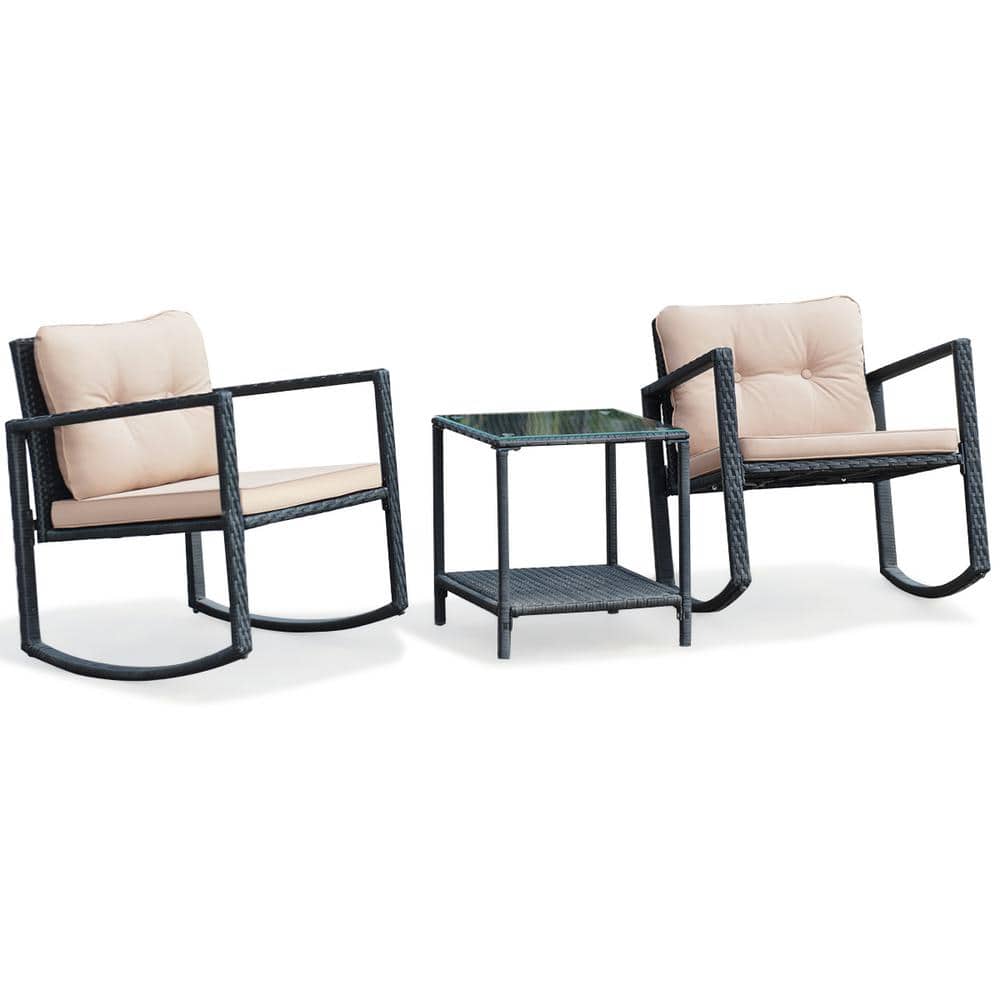 Costway 3-Piece Wicker Patio Conversation Set Bistro Furniture Set 2 Rocking Chairs, Glass Side Table with Beige Cushions QD-59092BE Sansujyuku sansujyuku.com