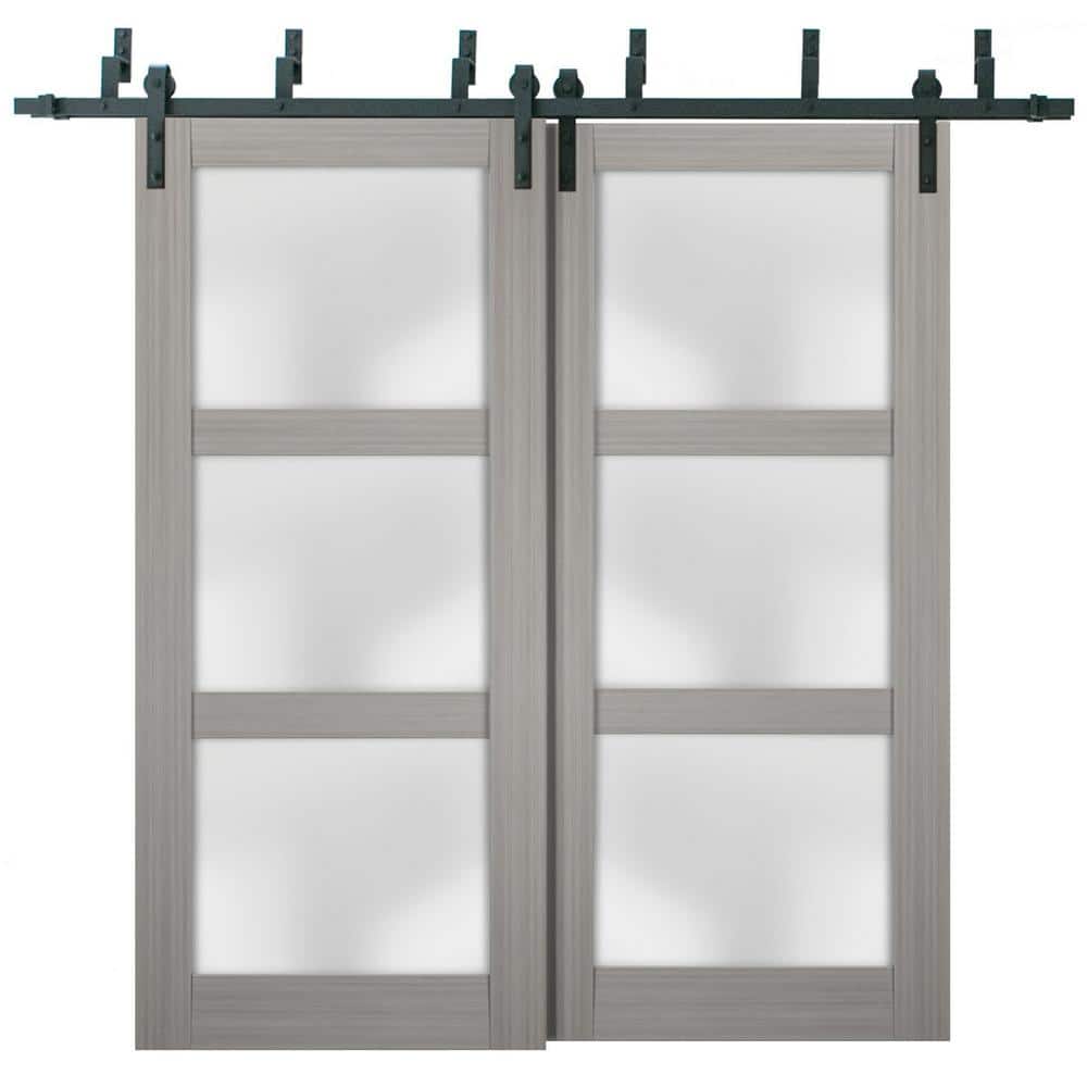 56 in. x 84 in. 2 Panel Frosted Glass Gray Ash Solid Wood Sliding Barn Door with Hardware Kit price history on PriceWatchPro