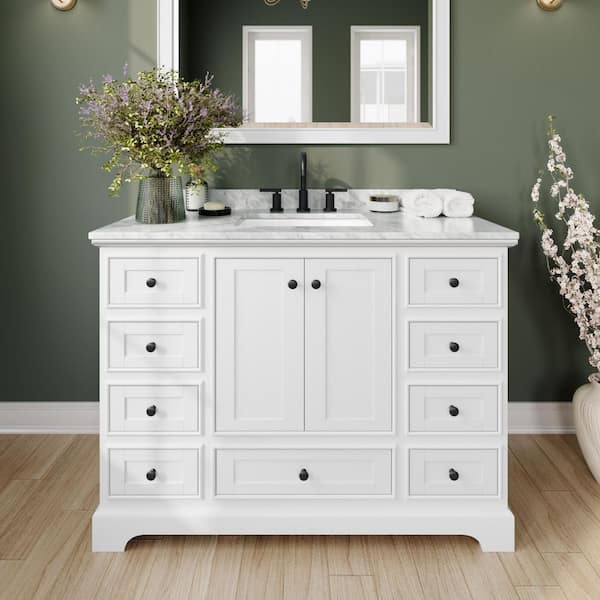 Wyndham Collection Deborah 48 in. W x 22 in. D x 35 in. H Single Bath Vanity in White with White Carrara Marble Top and 46 in. Mirror