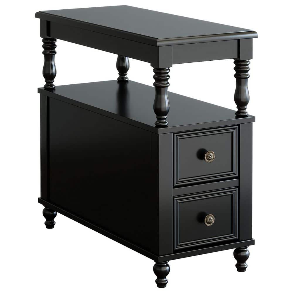 Kerlin 23.62 in. Black Rectangle Solid Wood End Table Side Table Nightstand with 2 Drawers & Storage Shelf