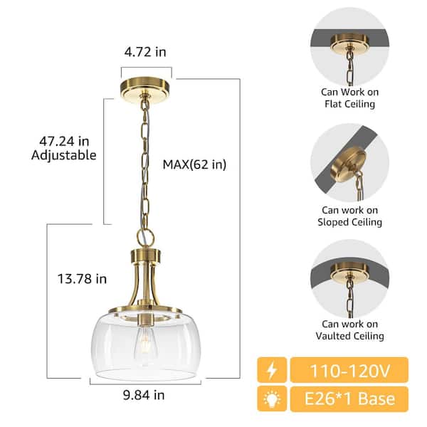 TinHon 10 in. 1-Light Gold Modern Pendant Light with Clear Glass