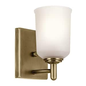 Shailene 1-Light Natural Brass Bathroom Indoor Wall Sconce Light with Satin Etched Glass Shade