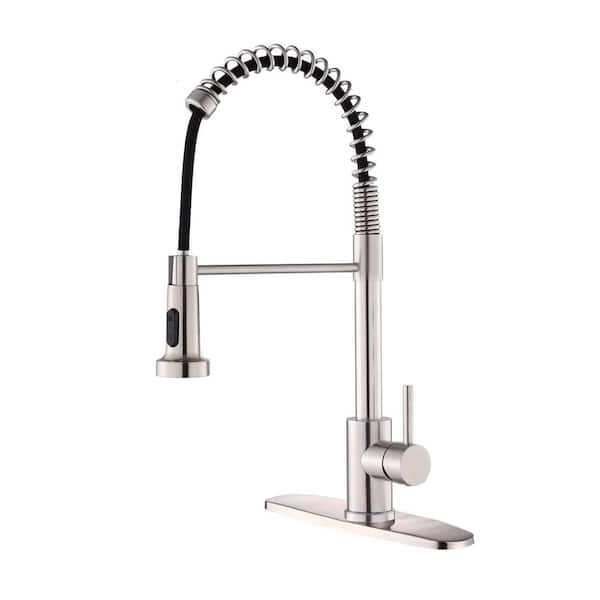 Bossa Spring Neck Single-Handle Pull-Down Sprayer Kitchen Faucet with Dual Function Sprayhead in Brushed Nickel