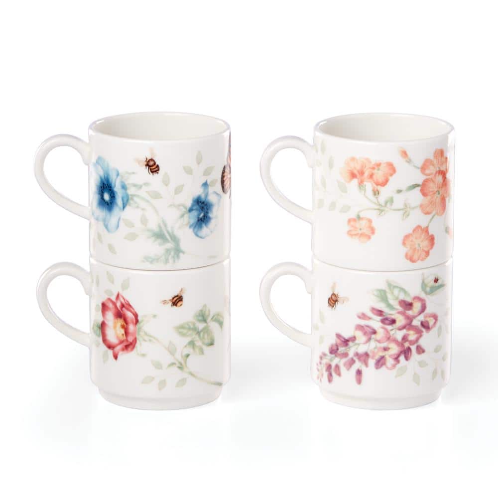 White Ceramic Butterfly and Floral Stacking Mug Set