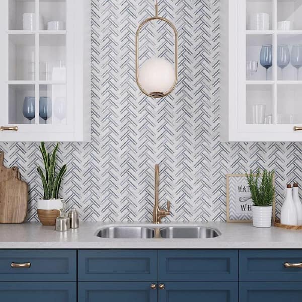 Apollo Tile Blue and White  in. x 12 in. Herringbone Polished Marble  Mosaic Tile ( sq. ft./Case) APLKB88B12A - The Home Depot