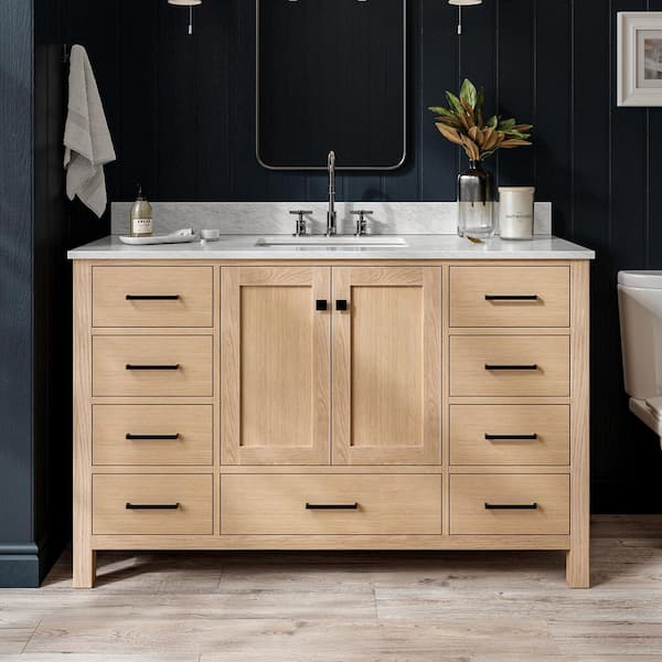 ARIEL Cambridge 54 in. Single Sink Freestanding Bathroom Vanity in Oak with Carrara White Marble Top