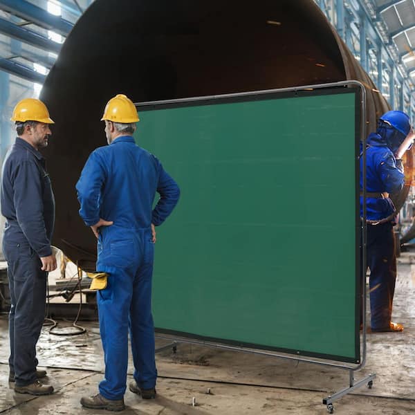 Welding Screen 8 ft. x 6 ft. Welding Curtain Flame-Resistant Portable Light-Proof with Frame 4-Wheels, Dark Green
