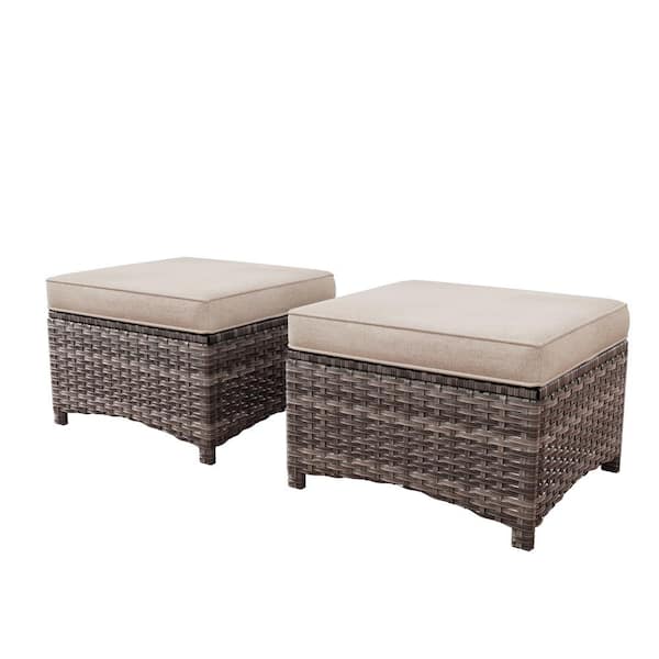 Wicker Outdoor Ottoman Patio Footstool with Beige Cushions (2-Pack)