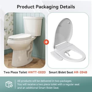 19 in. Tall 2-piece 1.1/1.6 GPF Dual Flush Elongated Toilet in White Map Flush 1000g with Smart Bidet Seat