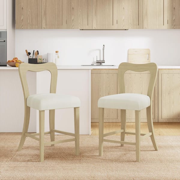 CHRISTOPHER KNIGHT HOME Aurelius 25.5 in. Modern Upholstered Counter Stools, Rubberwood, Natural Ash + Beige, Set of 2