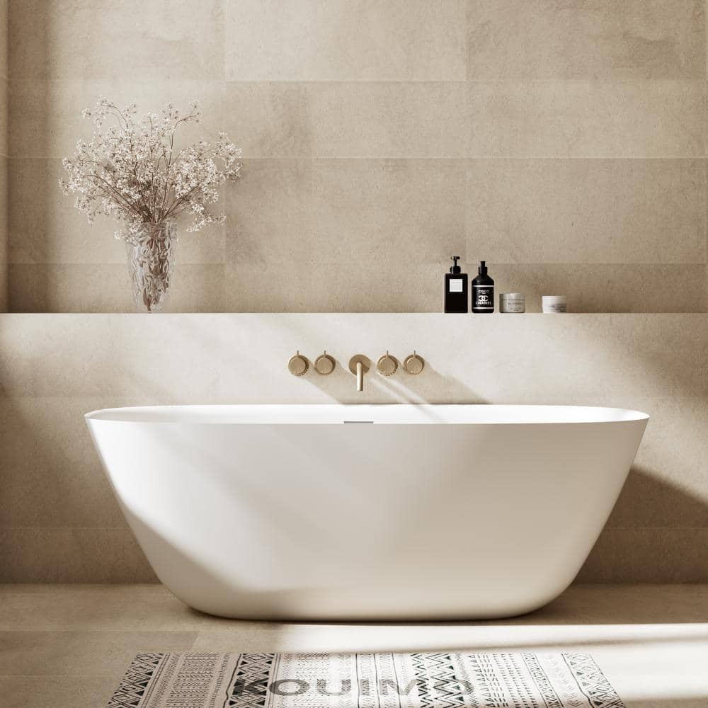 59 in. Solid Surface Freestanding Soaking Bathtub with Drain, Flat Bottom, Matte White price history on PriceWatchPro