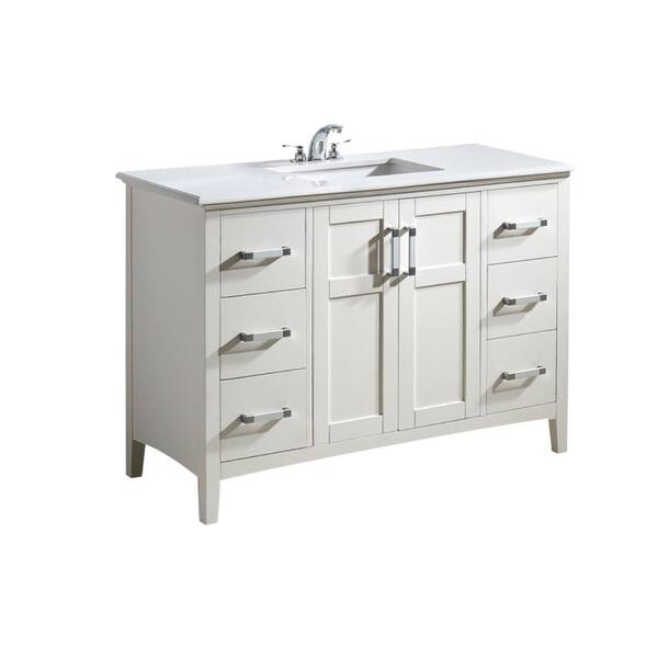 Simpli Home Winston 48 in. Bath Vanity in Soft White with Quartz Marble Vanity Top in Bombay White with White Basin
