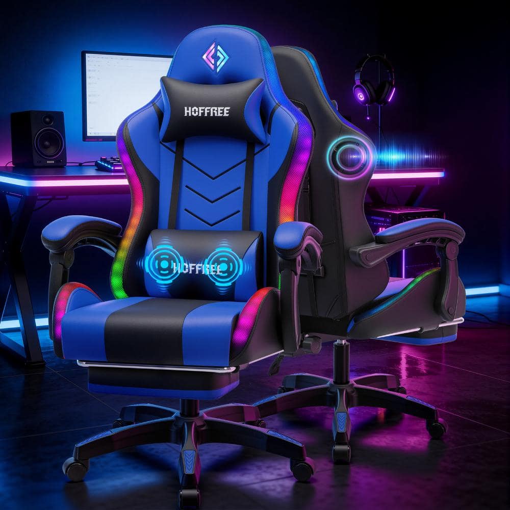 Faux Leather Gaming Chair with Speakers and Massage Ergonomic Music Rhythm LED Lights Game Chair in Blue with Footrest