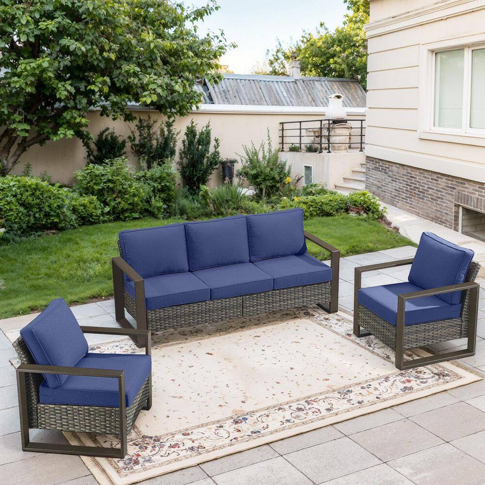 Metal Wood 3-Piece Gray Wicker Patio Conversation Set with Armchairs and 4.5 in. Olefin Navy Blue Cushions price history on PriceWatchPro
