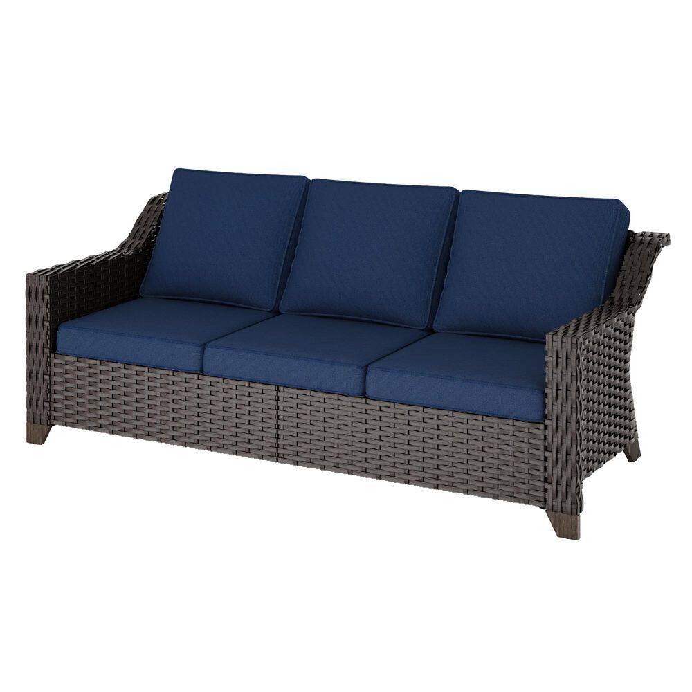 3-Seat Deep Brown Wicker Outdoor Couch Patio Sofa with Thick Blue Cushions price history on PriceWatchPro
