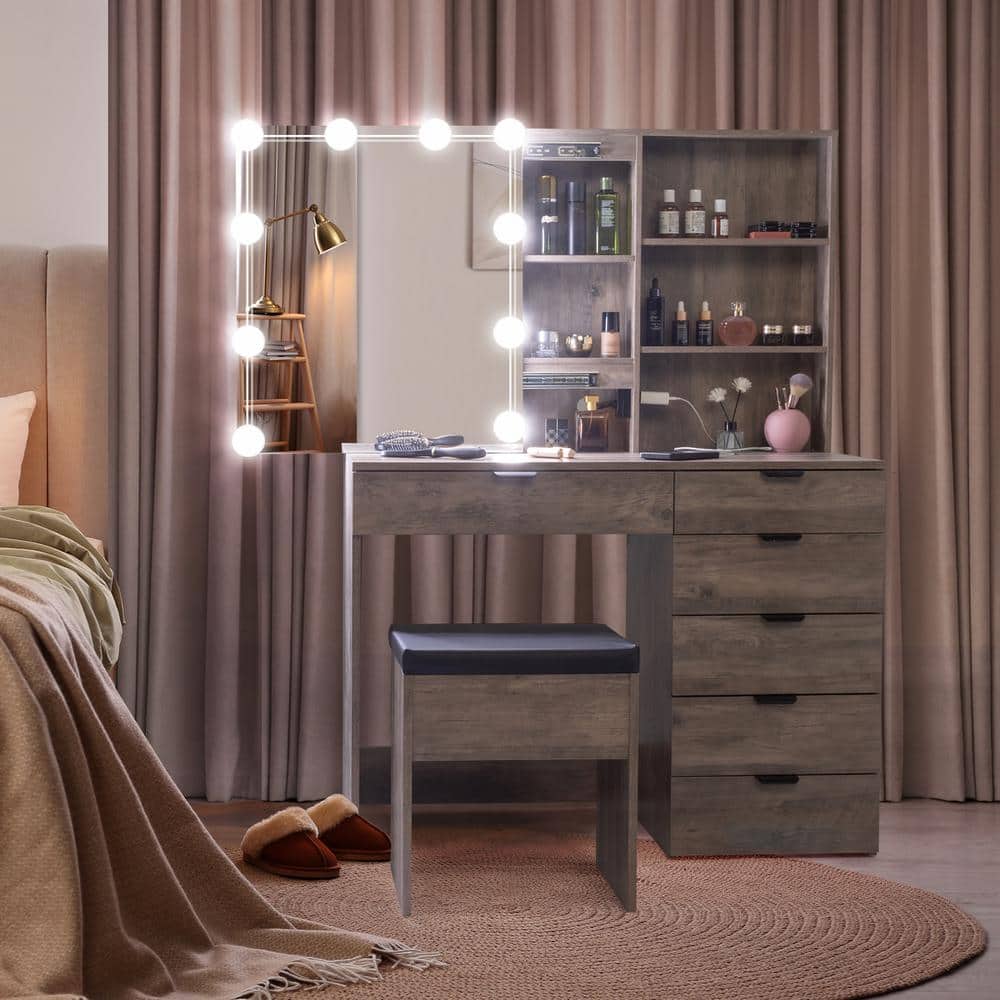 Karl home Gray Makeup Vanity Set with Mirror Cabinet 882686671923 - The ...