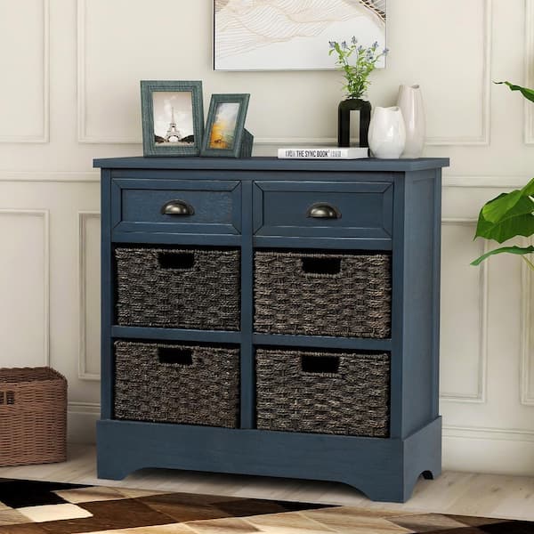 CSC DECOR INC Antique Navy Washed 28 in. H Rustic Storage Cabinet with Two Drawers and Four Classic Rattan Basket for Dining Room