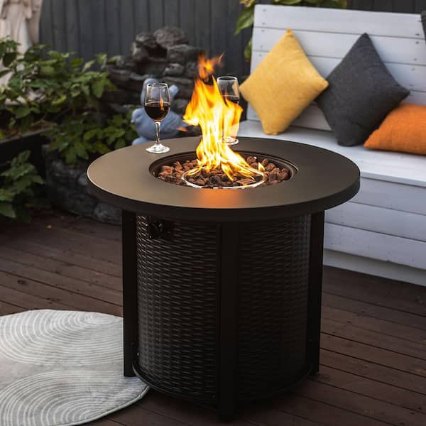 Amity Modern 30 in. Black Round Steel Propane Outdoor Patio Fire Pit Table with Steel Lid, 50000 BTU