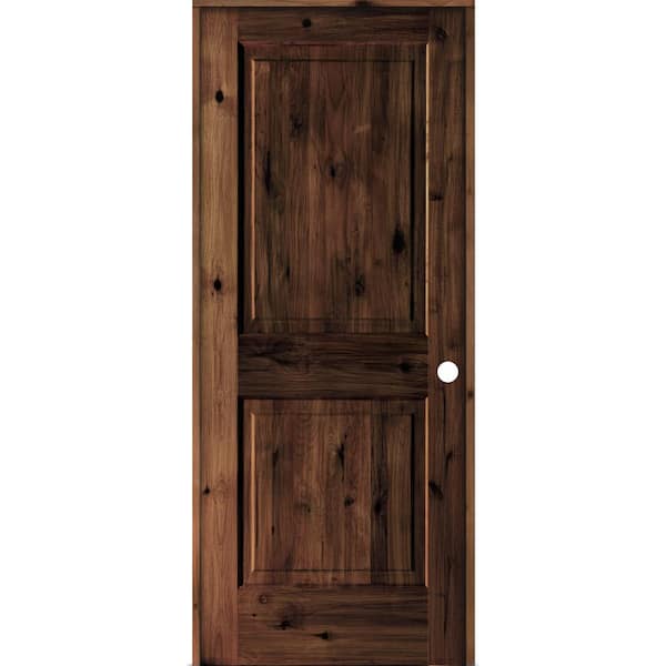 32 in. x 80 in. Rustic Knotty Alder 2 Panel Left Hand Red Mahogany Stain Wood Single Prehung Interior Door w/Square Top