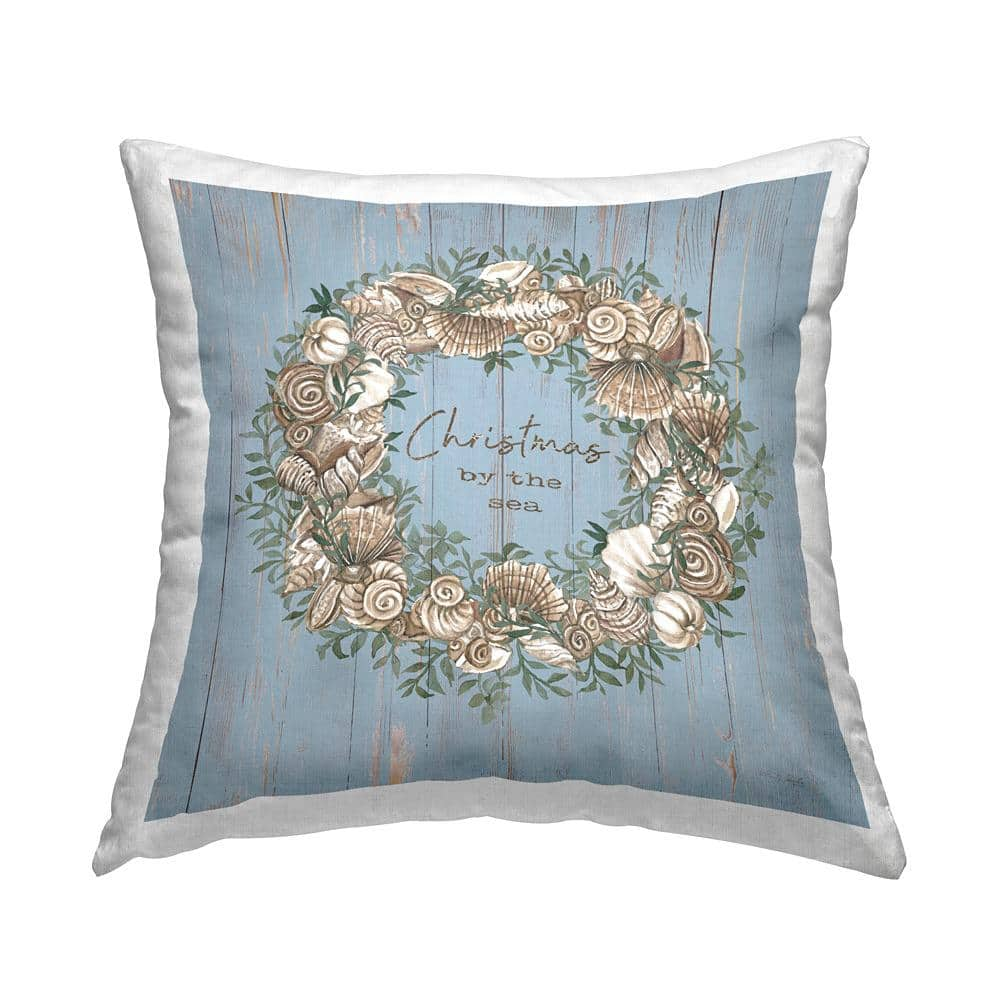 Stupell Industries Christmas By The Sea Wreath Blue Print Polyester 18in. X 18in. Throw Pillow