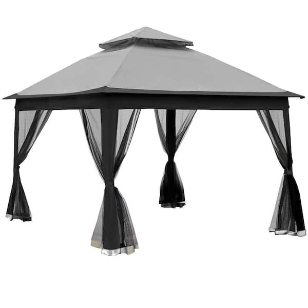 Unbranded 11 ft. x 11 ft. Pop Up Gazebo Canopy with Removable Zipper Netting, 2-Tier Soft Top Event Tent, Grey