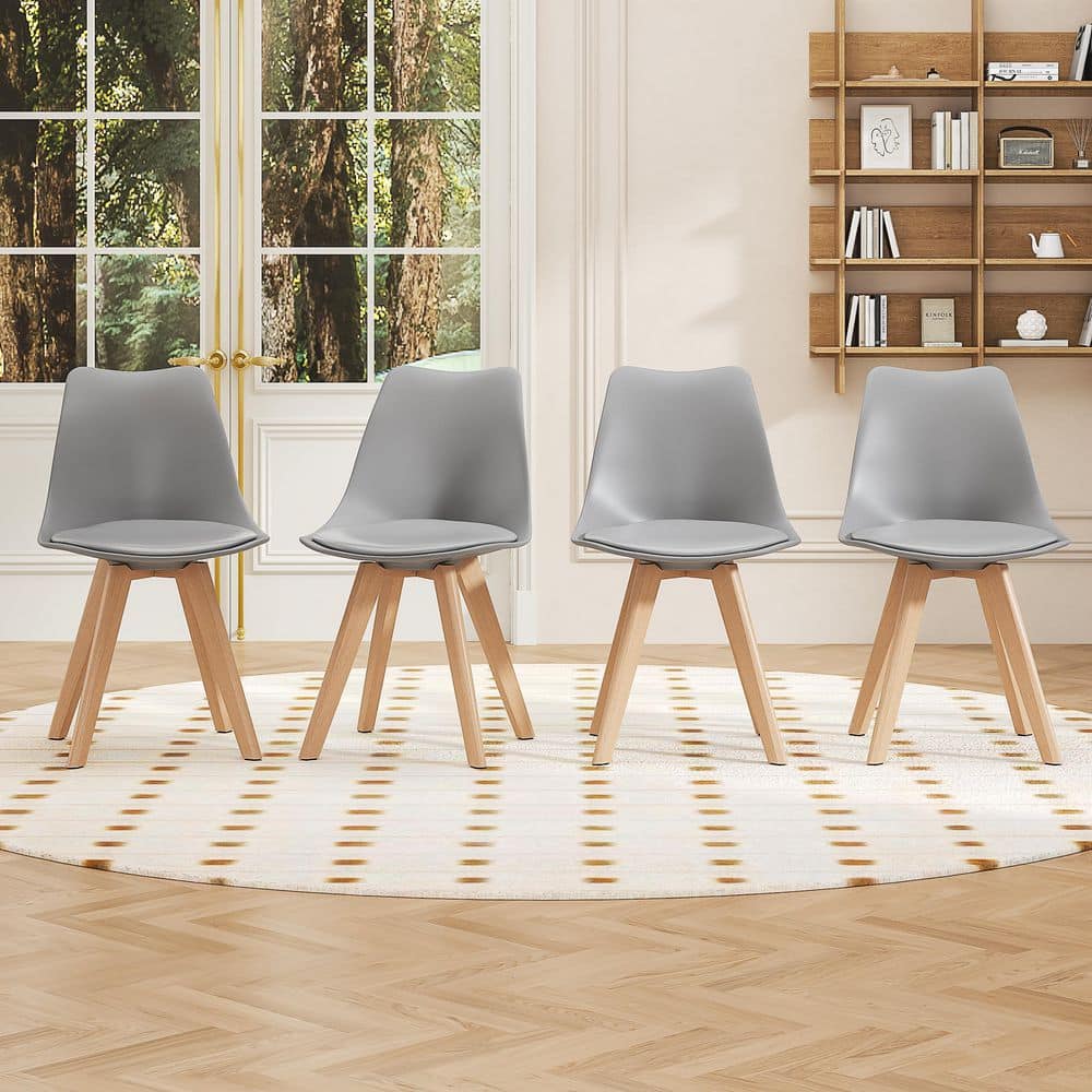VECELO Modern Dining Chairs (Set of 4) Mid Century Padded Seat Side Chair with Solid Wood Legs Gray Kitchen Chairs Set