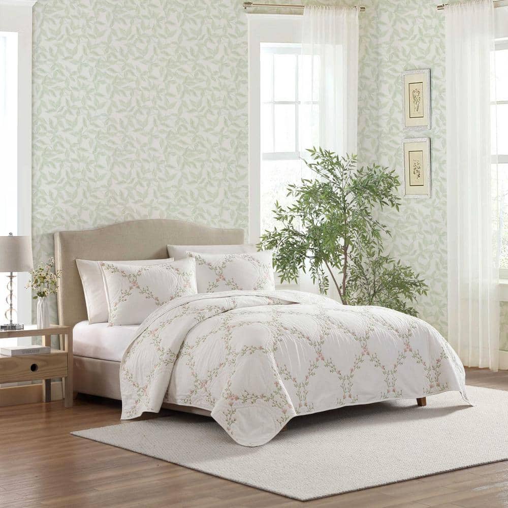 Pink Floral Embroidered Cotton Twin Quilt Set