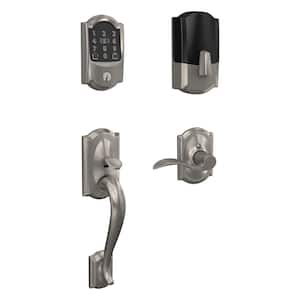 Camelot Satin Nickel Encode Plus Smart WiFi Deadbolt and Handleset Grip with Accent Door Handle and Camelot Trim