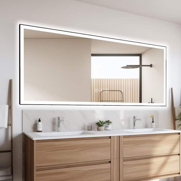 84 in.W x 40 in. H Rectangular Framed Anti-Fog Dimmable Front and Backlit LED Wall Bathroom Vanity Mirror in Matte Black