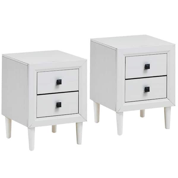 16 in. White 2-Drawer Nightstand End Bedside Coffee Table Wooden Leg Storage Drawers (Set of 2)