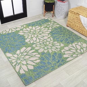Zinnia Modern Floral Textured Weave Cream/Green 5 ft. Square Indoor/Outdoor Area Rug