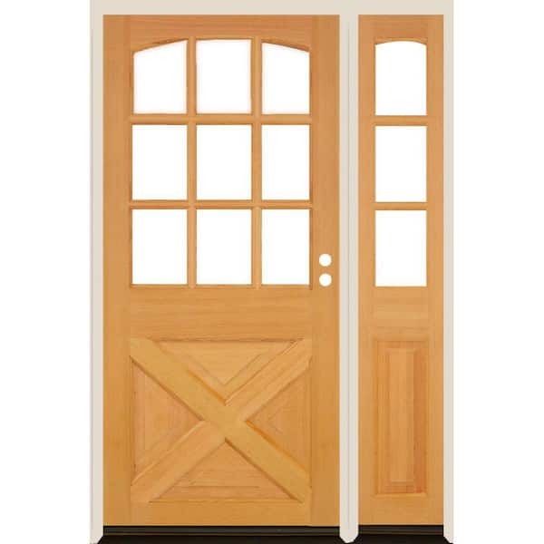 Krosswood Doors 50 in. x 80 in. Farmhouse X Panel LH 1/2 Lite Clear Glass Clear Stain Hemlock Wood Prehung Front Door with RSL
