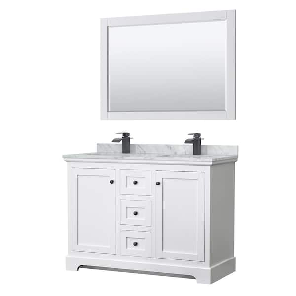 Wyndham Collection Avery 48 in. W x 22 in. D x 35 in. H Double Bath Vanity in White with White Carrara Marble Top & 46" Mirror