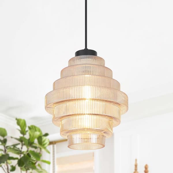 ADSENSTY 1-Light Black and Amber Simple Vintage Pendant Light with Glass Shade
