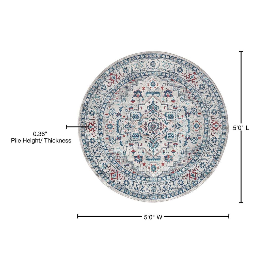 Modern Floral Vintage Medallion 5' Round Area Rug in Light Gray/Blue