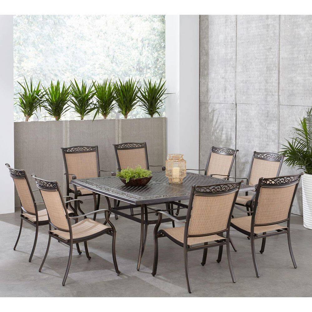 Fontana 9-Piece Bronze Outdoor Dining Set with Cast-Top Table