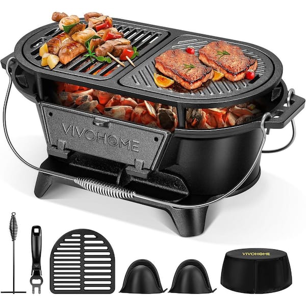 Portable Oval Cast Iron Grill with Interchangeable Grates and Griddle