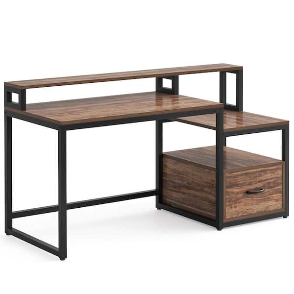 TRIBESIGNS WAY TO ORIGIN Halseey 59 in. Rectangular Brown Particle Board One Drawer Reversible Computer Desk with Monitor Stand and Storage Shelf