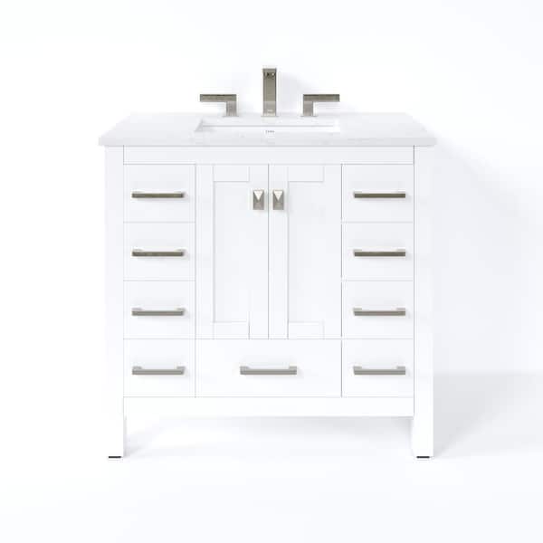 Hampton 36 in. Single Sink White Bath Vanity with White Carrara Quartz Top (Assembled)