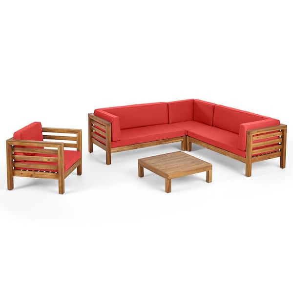 Noble House Oana Teak Brown 5-Piece Wood Outdoor Patio Conversation Sectional Seating Set with Red Cushions