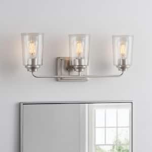 Evangeline 23 in. 3-Light Brushed Nickel Farmhouse Bathroom Vanity Light with Clear Seeded Glass Shades
