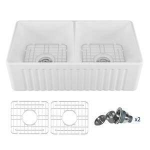 Eclipse White Ceramic 33 in. L 50/50 Rectangular Double Basin Farmhouse Apron Kitchen Sink with Grid and Strainer