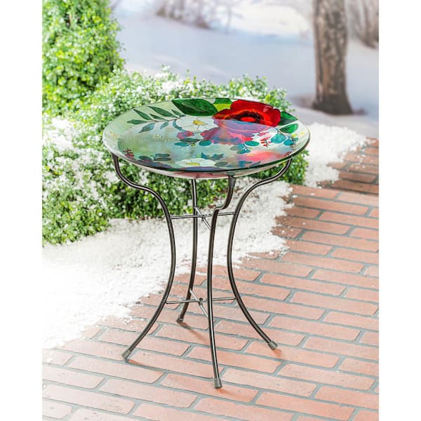 Evergreen Winter Flowers 16 in. Glass Birdbath with Stand
