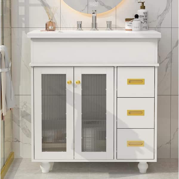 FUFU&GAGA 32.3 in. W x 19.7 in. D Bath Vanity Bath Cabinet with Sink, Ceramic Vanity Top, Double Glass Doors and 3 Drawers