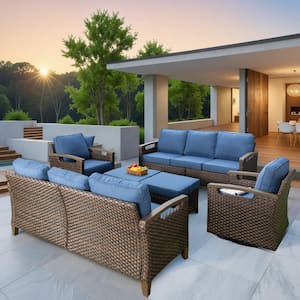 Nyajiah 6-Piece Wicker Patio Conversation Set with Blue Cushions