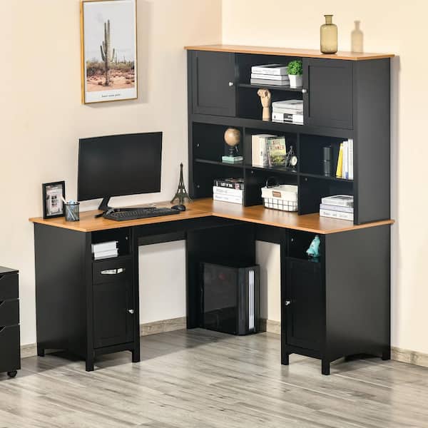 Homcom 58 In L Shaped Black Mdf 1, Black Desk With Hutch And Drawers