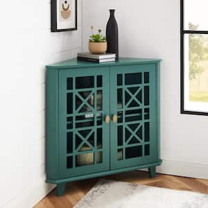 Dark Teal Wood and Glass Corner Accent Cabinet with Fretwork Doors